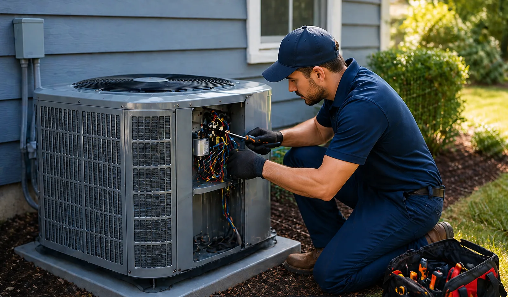 Rowlett HVAC technician inspecting a residential AC condenser with a multimeter
